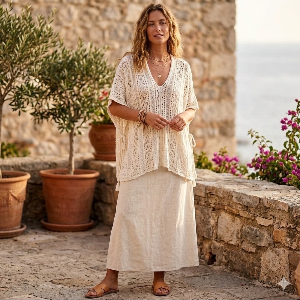 Light Cream Crochet V-Neck Poncho Blouse
